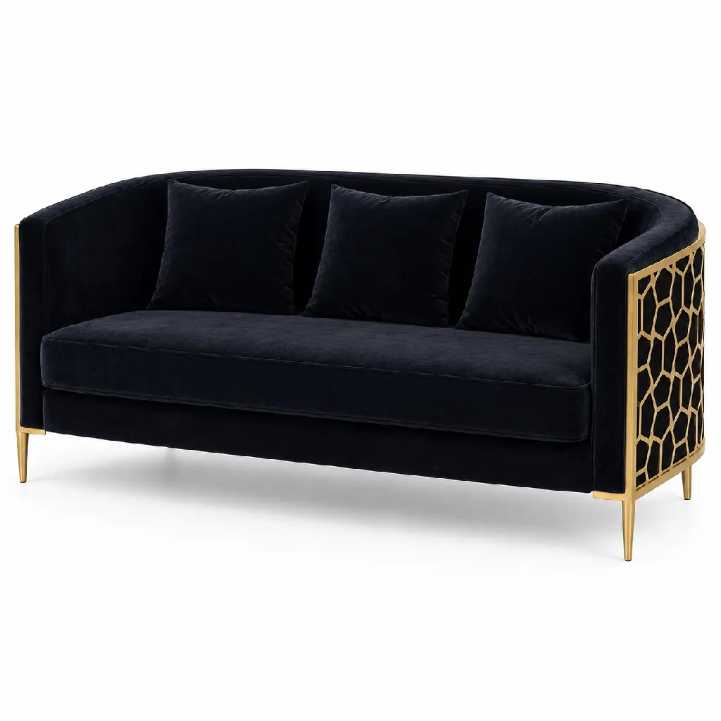 Golden Lattice Velvet three setter Sofa.webp