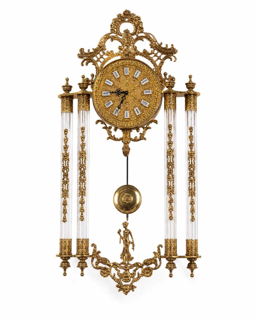 ORNATE GOLD CRYSTAL COLUMN PENDULUM WALL CLOCK
