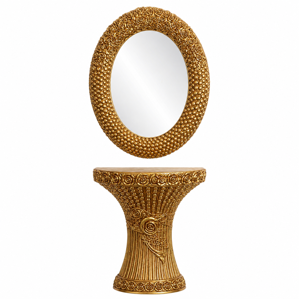 GOLDEN ROSE-EMBELLISHED MIRROR AND PEDESTAL