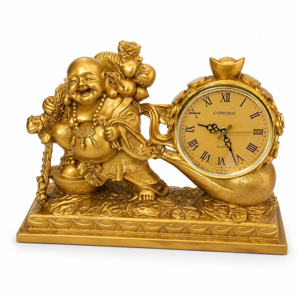 GOLDEN LAUGHING BUDDHA TABLE CLOCK SCULPTURE