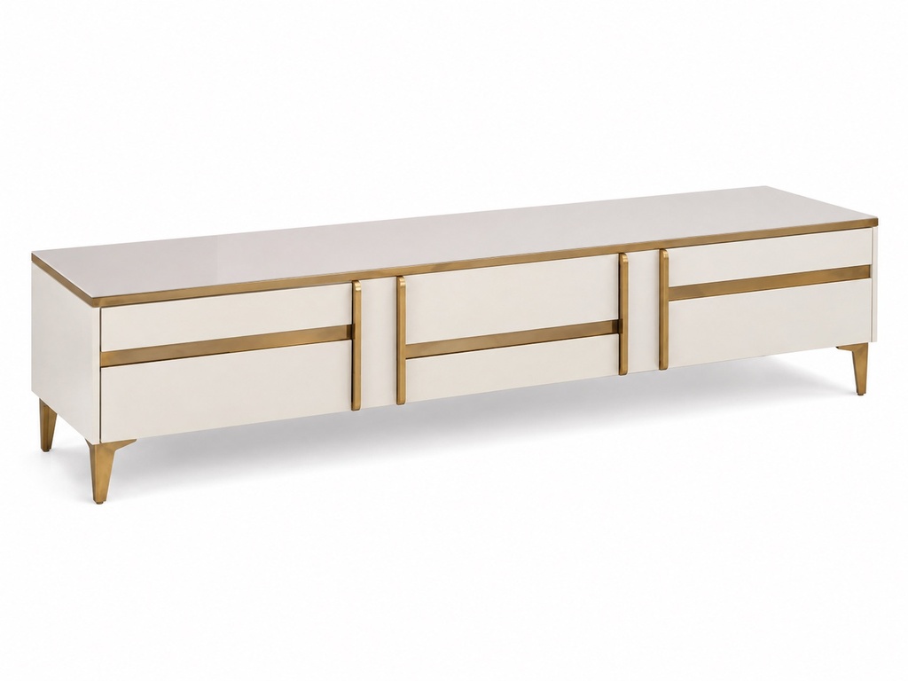 [TV220# WHITE] AURELIA GLASS TV CONSOLE – CREAM & GOLD